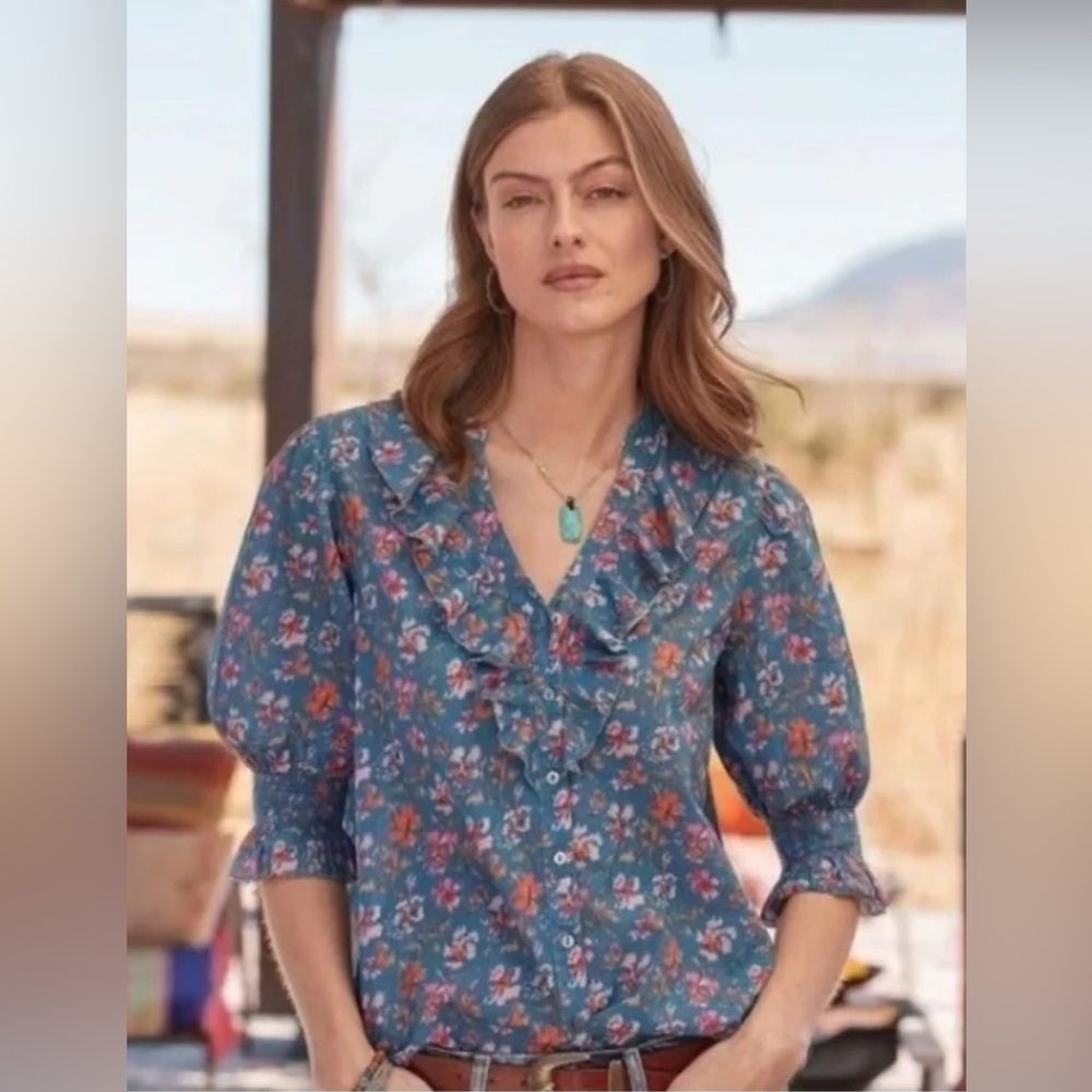 Sundance | Button Front Blouse Jeanie Ruffle Blue‎ Floral Boho Top Sz S